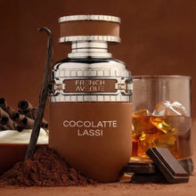 French Avenue Cocolatte Lassi perfume bottle with chocolate, vanilla beans, and a glass of drink