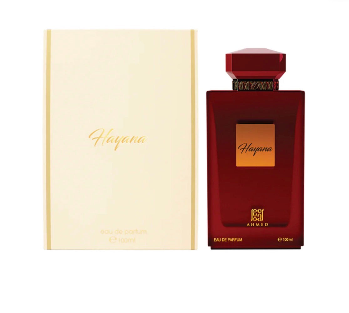 Red Haqana perfume bottle and box on a white background