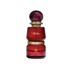 Luxury Arabian oud perfume bottle with gold accents and marbled red cap on white background