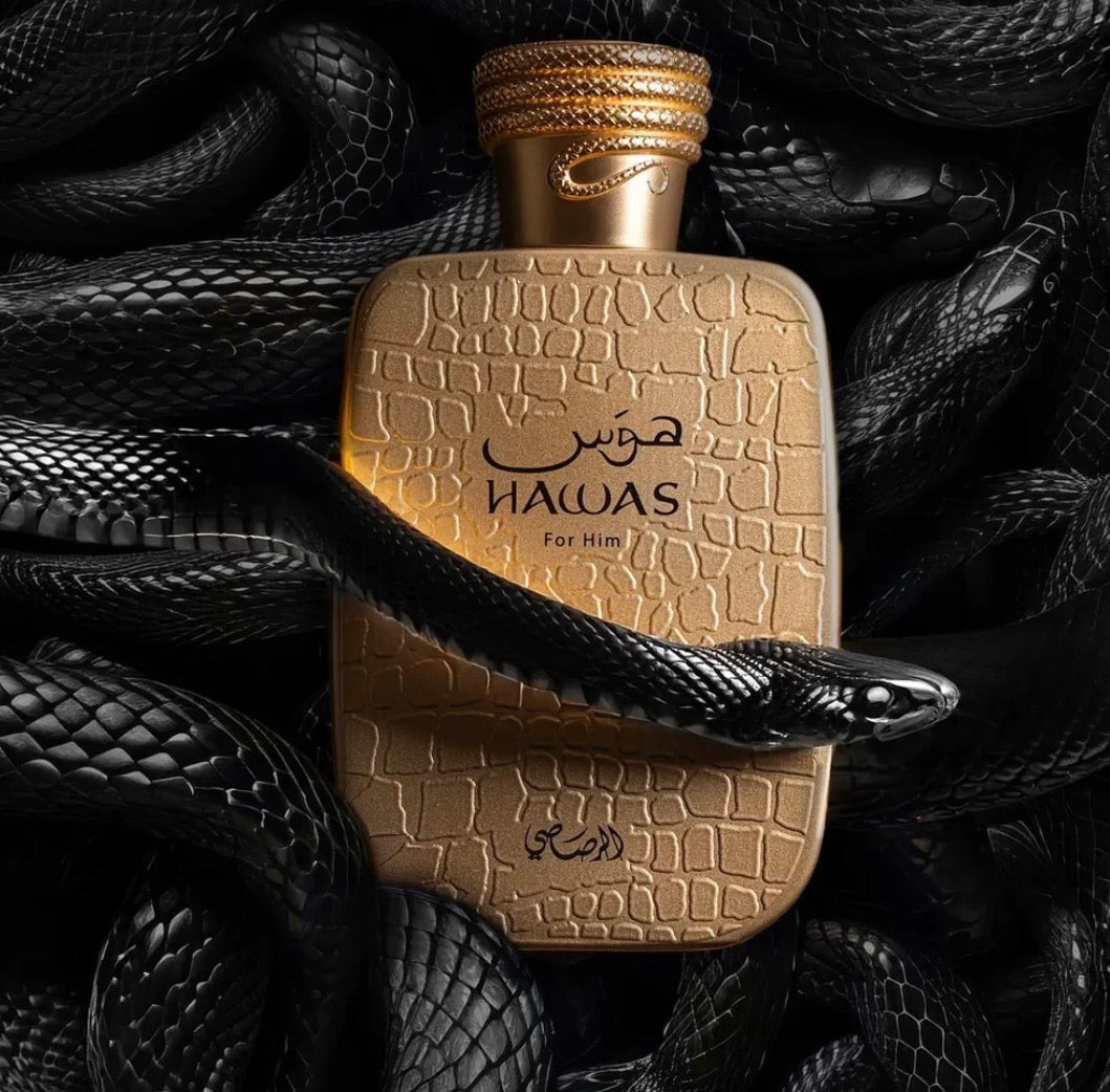 Gold and beige perfume bottle with 'Hawas' branding on a dark background