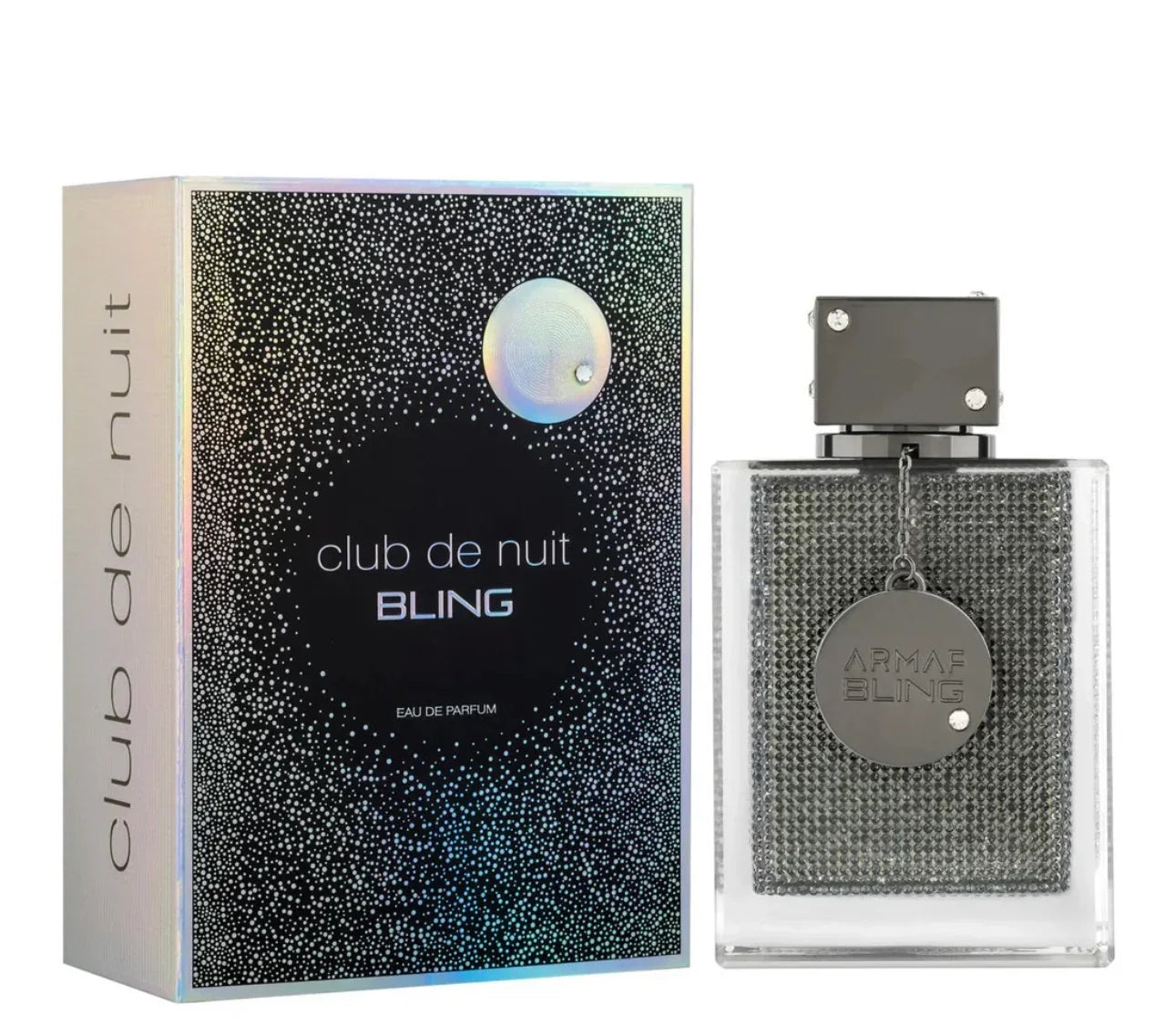 Club de Nuit Bling perfume bottle and holographic box, luxury Arabian oud fragrance