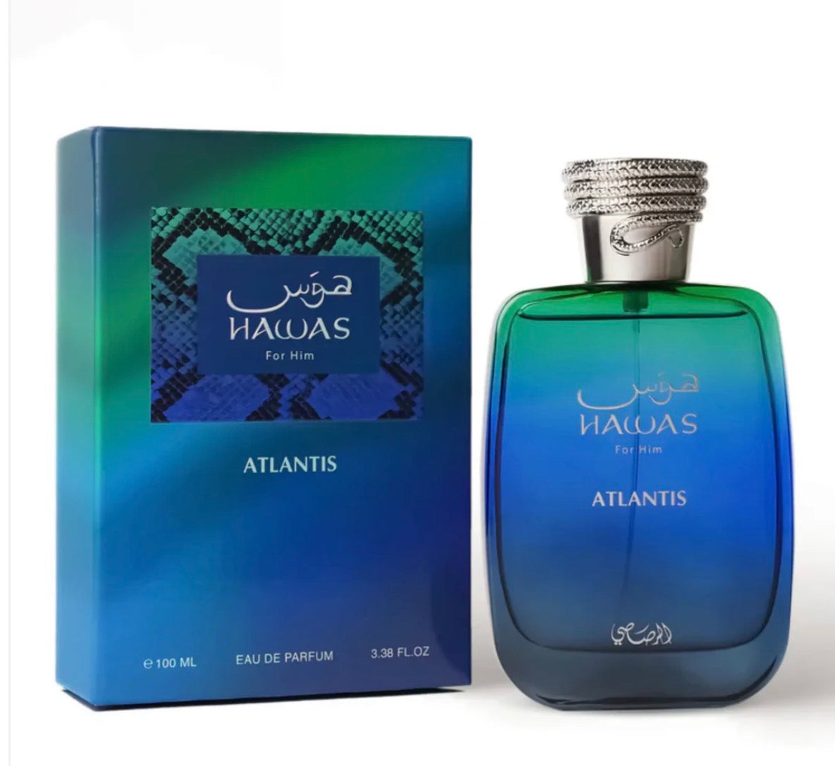 Hawas Atlantis perfume bottle and packaging on a white background