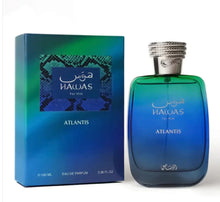 Hawas Atlantis For Him eau de parfum bottle and box, blue green gradient, 100ml men's fragrance