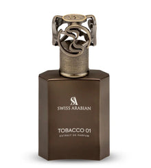 Swiss Arabian Tobacco 01 oud perfume bottle with ornate metallic cap, luxury fragrance