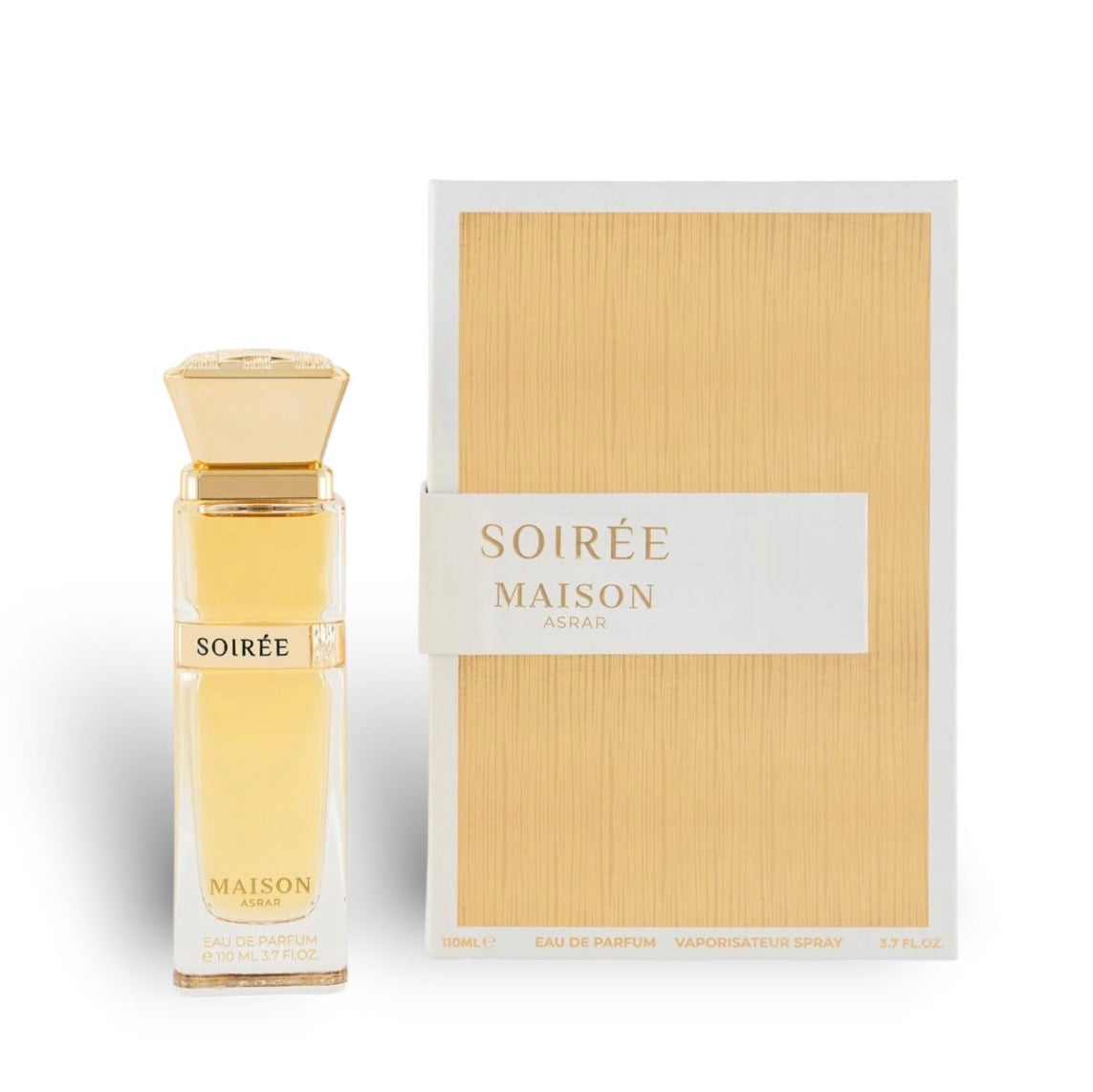 Perfume bottle and packaging of 'Soirée Maison' on a white background