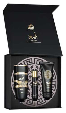 Asad Lattafa Gift Set for Men – 100ml Eau de Parfum + 12ml Travel Spray + 100ml Shower Gel | Long-Lasting Arabic Scent