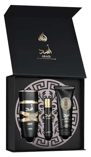 Lattafa Asad Gift Set for Men – 100ml Eau de Parfum, 12ml Travel Spray and 100ml Shower Gel - Long-Lasting Arabic Scent