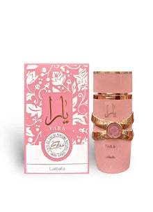 Lattafa Yara Elixir perfume bottle and box, pink with gold accents and floral design.