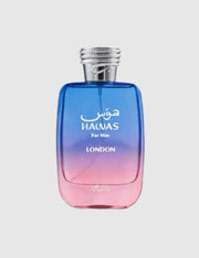 Blue and pink gradient perfume bottle with 'Hawas' branding on a light gray background