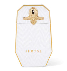 White and gold Arabian oud perfume bottle with ornate crest and THRONE label