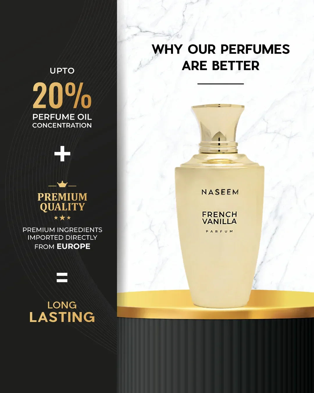 Naseem French Vanilla perfume bottle on marble background, premium quality, long-lasting fragrance.