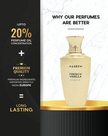 Naseem French Vanilla perfume bottle on marble background, premium quality, long-lasting fragrance.