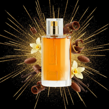 Arabian oud perfume bottle with vanilla flowers, chocolate curls, almonds, and gold sparkles