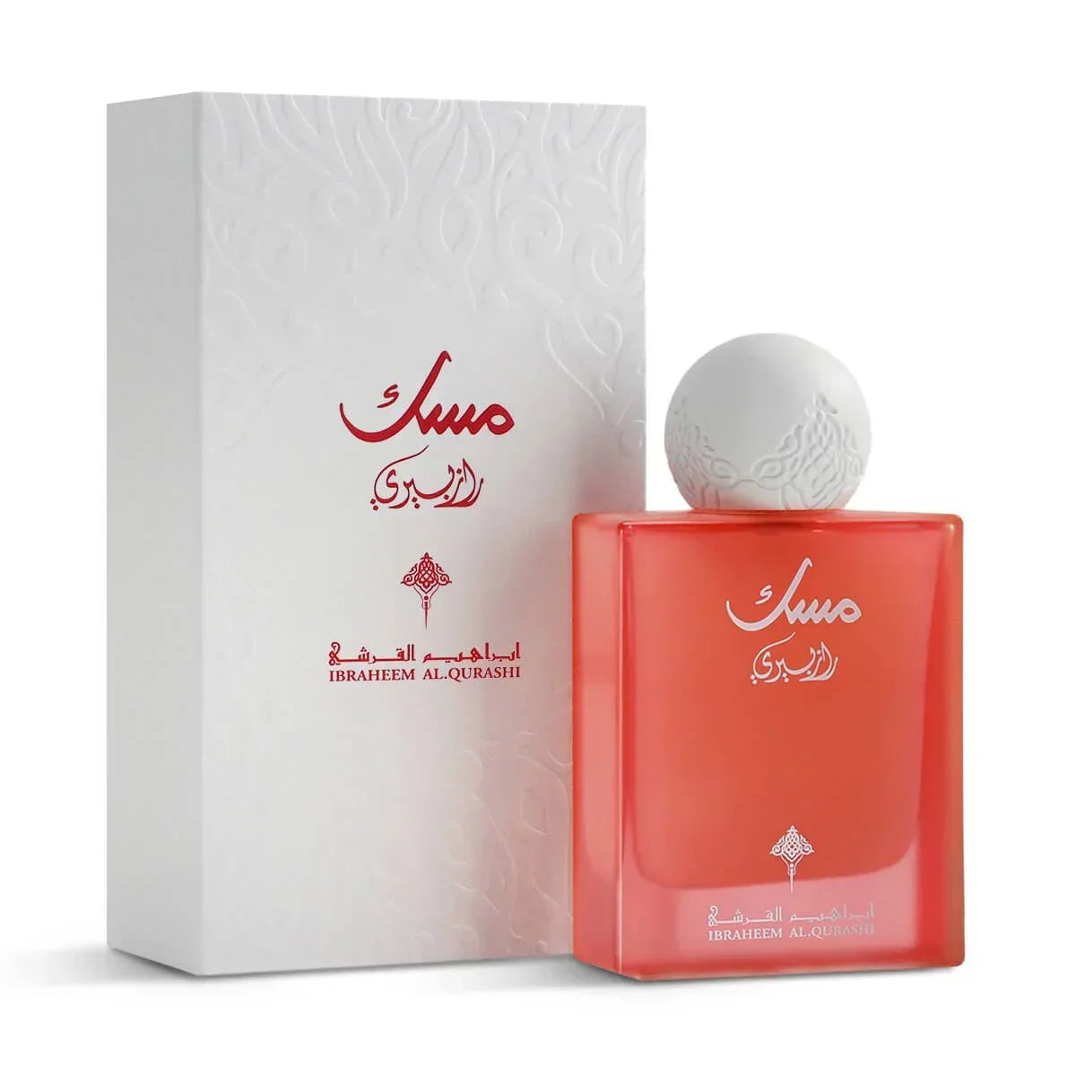 Elegant red Arabian oud perfume bottle with white embossed gift box, premium fragrance.