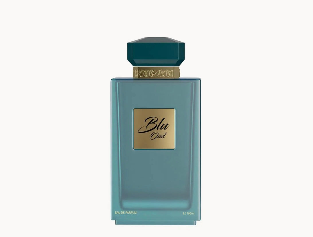 Perfume bottle labeled 'Blu' on a white background