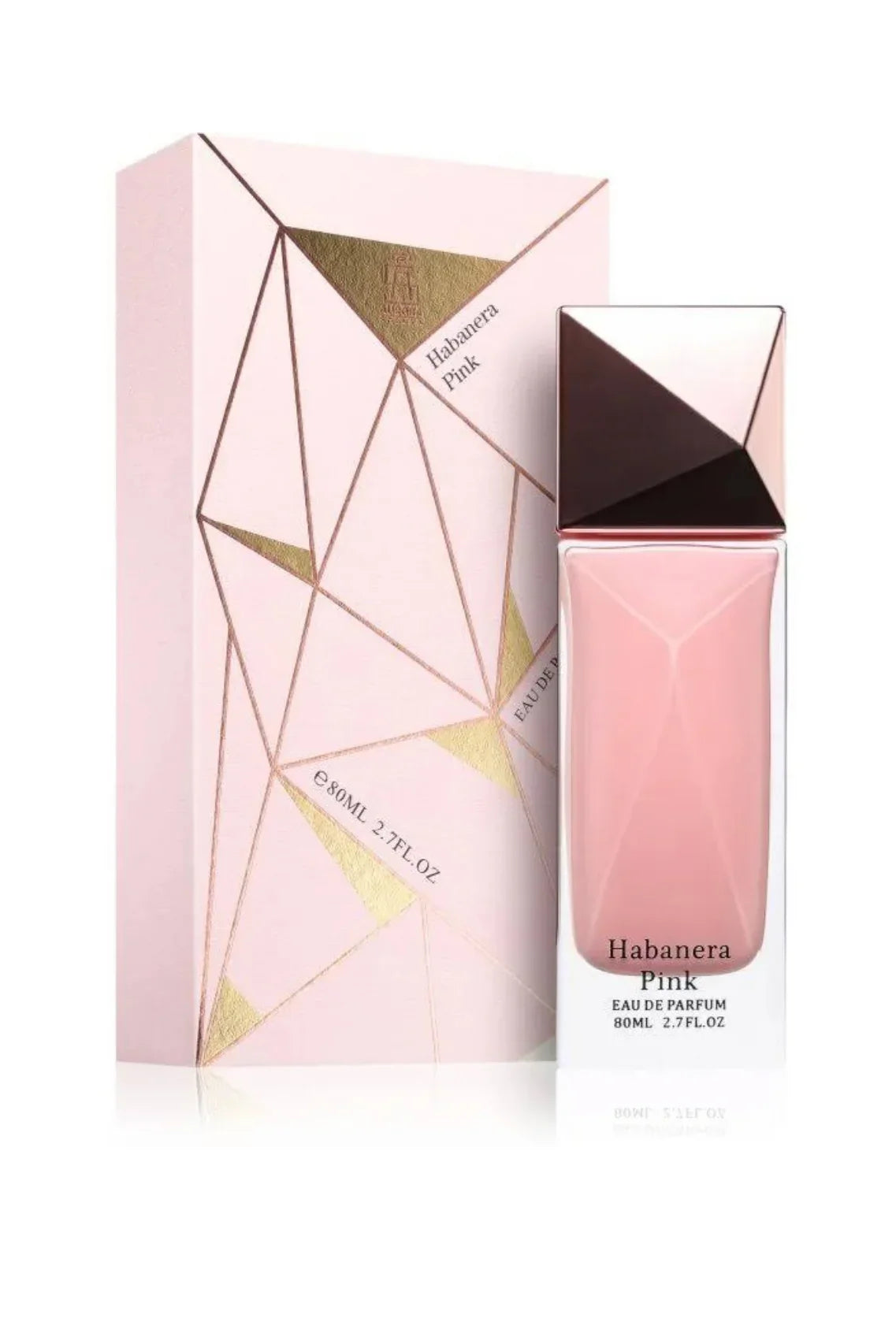 Pink Habanera Pink Eau de Parfum bottle and box with geometric gold accents, Royal Oud fragrance