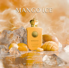 Mango Ice perfume bottle with ice cubes and fresh mango slices, Arabian fragrance theme.