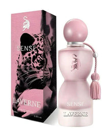 Pink Laverne Sense perfume bottle with tassel and matching box featuring a leopard graphic.
