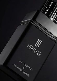 Black bottle of III Thriller CAL Cologne by Maison Asrar, luxury Arabian fragrance.