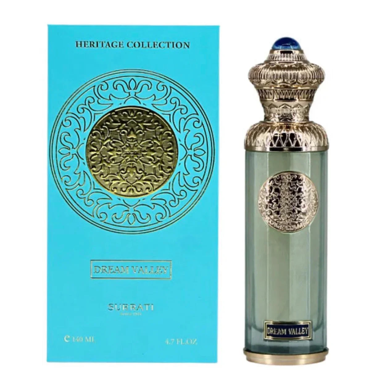 Dream Valley perfume bottle with ornate gold detailing and turquoise box, Arabian oud fragrance