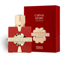 Red and gold Aromatix Carnal Desire extrait de parfum bottle with matching box, luxury fragrance.