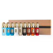 Luxury Arabian oud perfume gift set with ten colorful bottles and decorative box