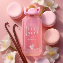 Pink Elysia Vanilla Sugar perfume bottle with vanilla pods, white flowers, and pink macarons