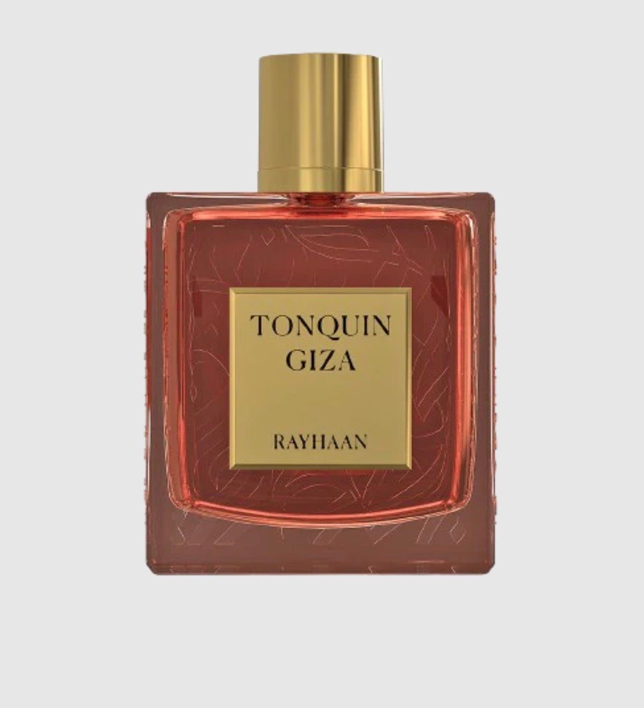 Perfume bottle labeled 'Tonquin Giza' by Rayhaan on a light gray background