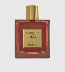 Tonquin Giza Rayhaan oud perfume bottle with gold cap on white background