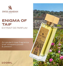 Enigma of Taif extrait de parfum bottle with gold cap, rose garden and scenic background, 100ml.