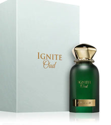 Ignite Oud Arabian perfume with gold cap and green bottle, luxury gift box beside it