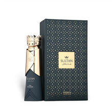 Luxury Sultan Arabian oud perfume bottle with gold crown cap and elegant patterned box