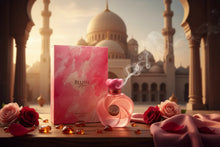 Arabian oud perfume in elegant pink bottle with roses, gems, and mosque background.