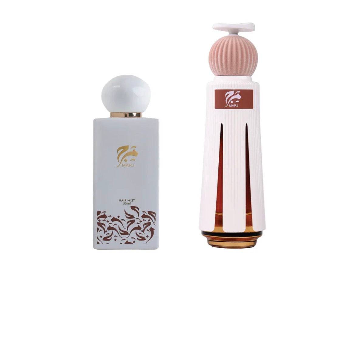 Two perfume bottles with decorative labels on a white background