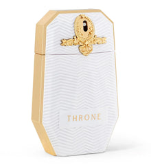 Luxurious white and gold Arabian oud perfume bottle labeled 'Throne', geometric design