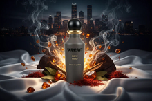 Gray oud perfume bottle with saffron, amber, wood, smoke effects and city skyline at night