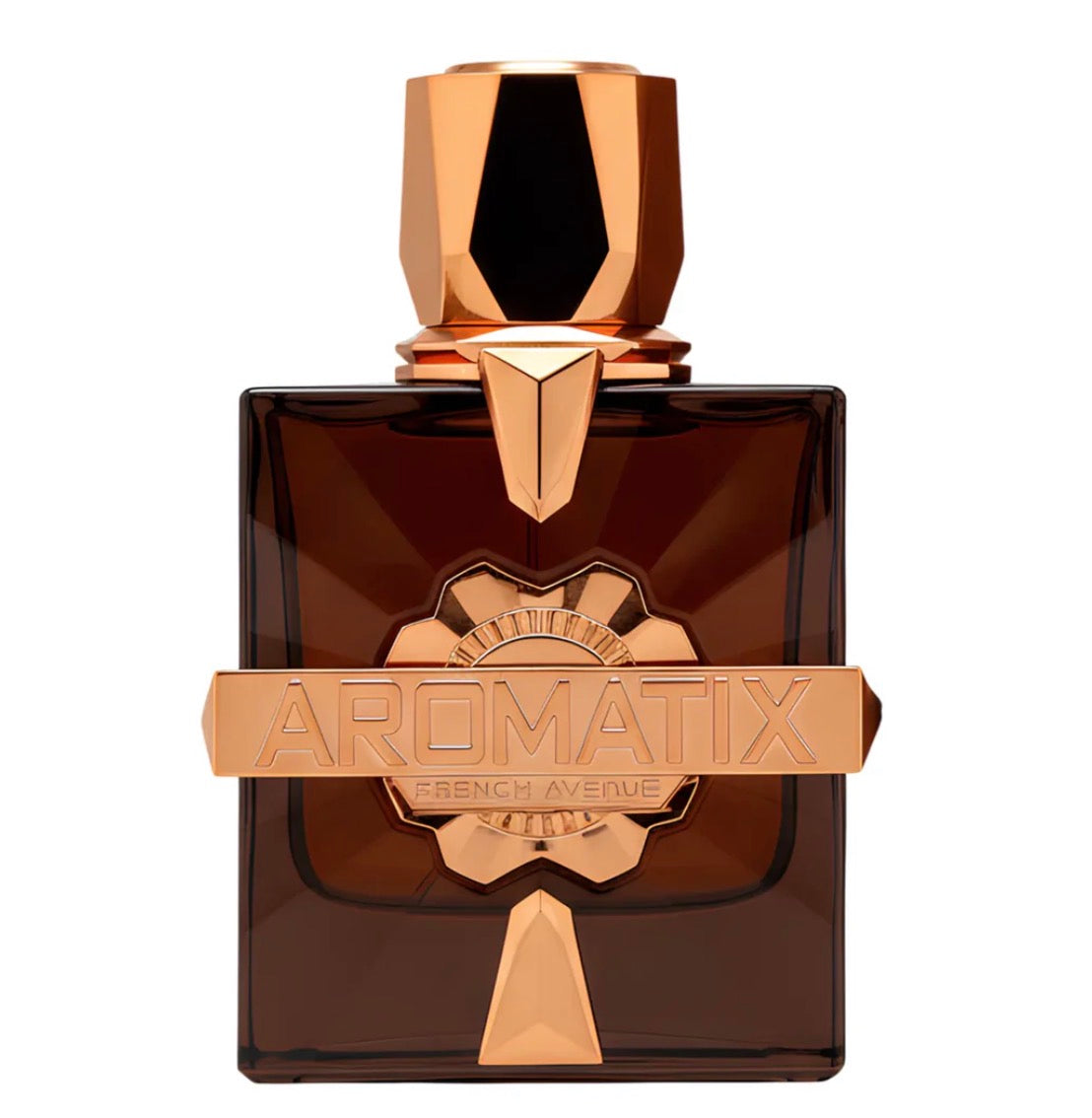 Perfume bottle with gold cap and 'Aromatix' branding on a white background