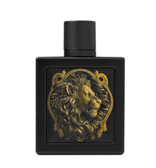 Black oud perfume bottle with gold embossed lion head design, luxury Arabian fragrance