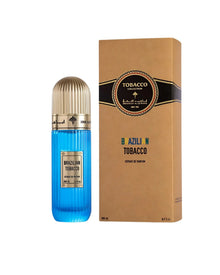 Brazilian Tobacco extrait de parfum in blue bottle with gold cap beside branded box