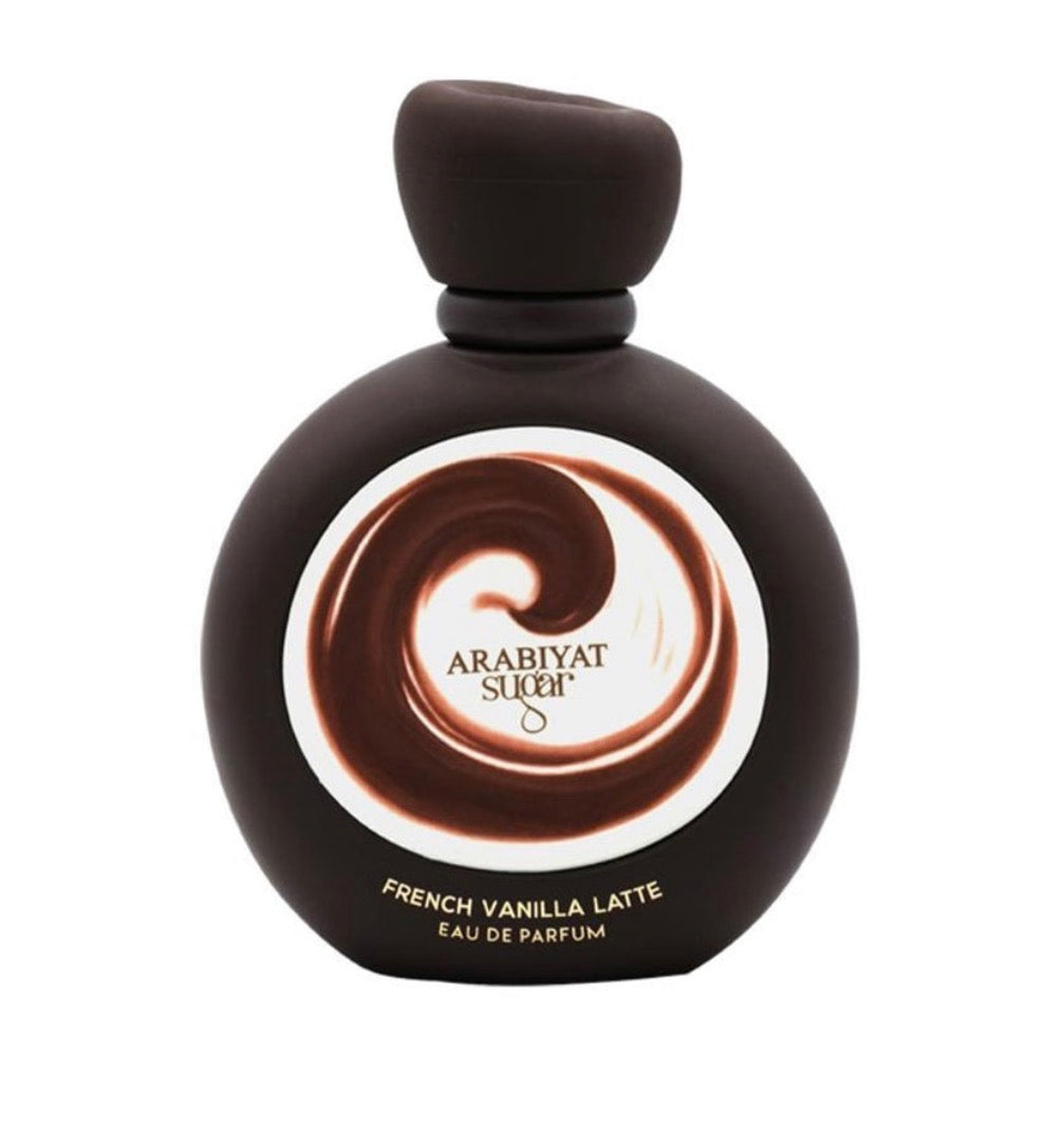 Perfume bottle labeled 'Arabiyat Sui' with a design resembling a French vanilla latte on a white background