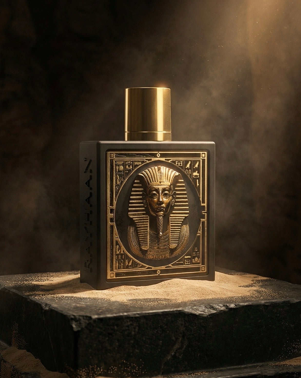 Perfume bottle with pharaoh design on a dark background
