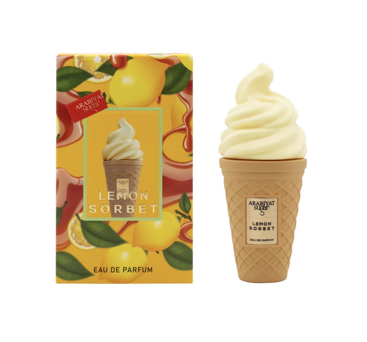 Lemon sorbet eau de parfum with packaging featuring lemons and ice cream cone design.