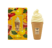 Lemon Sorbet perfume bottle shaped like an ice cream cone with matching citrus-themed box