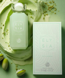 Elysia Pista Sundae perfume bottle and box on pistachio cream background with pistachios