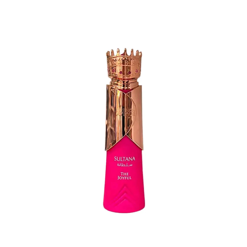Sultana The Joyful Arabian oud perfume in a pink bottle with gold crown-shaped cap