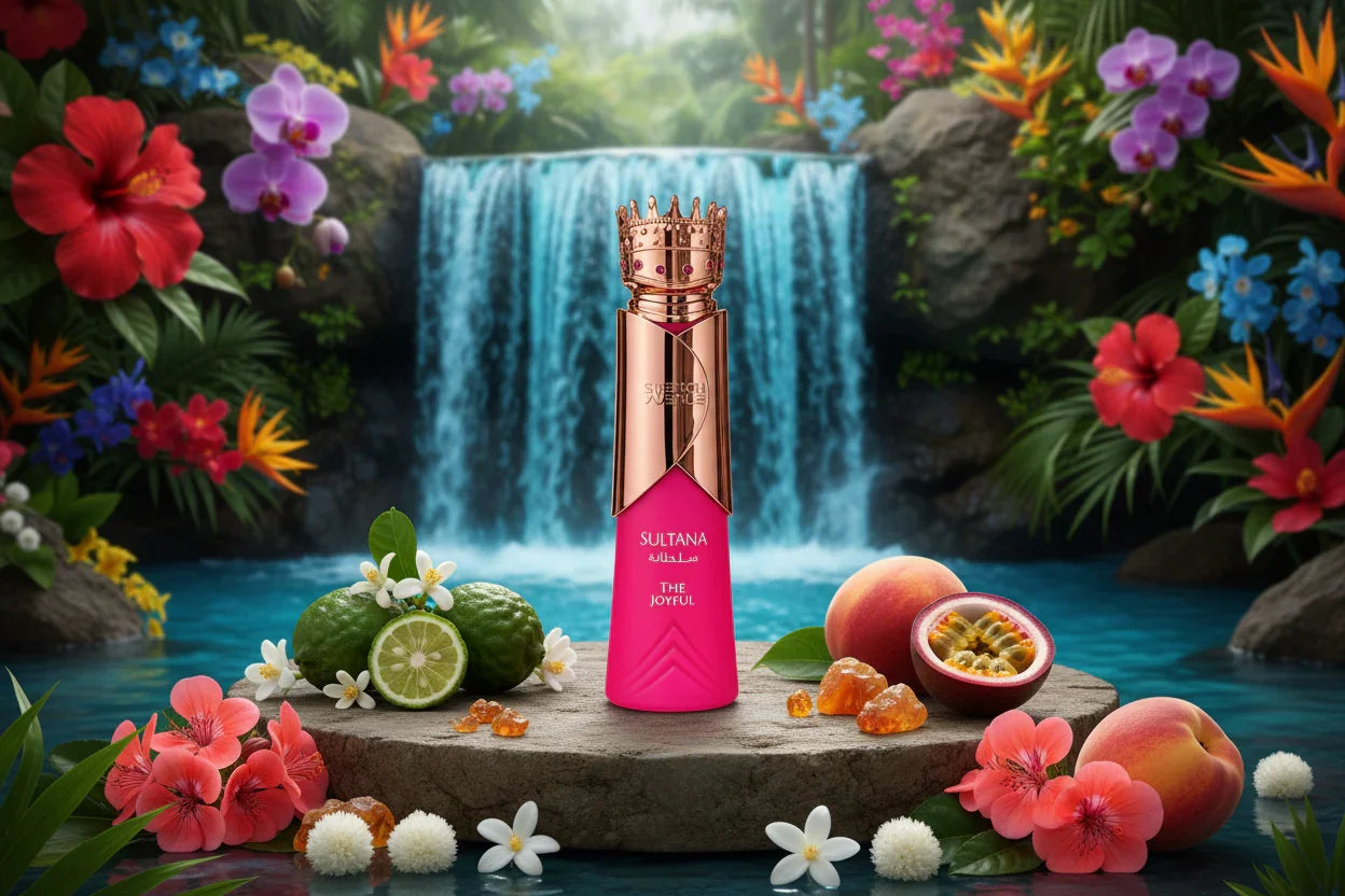 Luxury Sultana perfume bottle with crown cap, tropical fruits, and vibrant flowers by a waterfall.