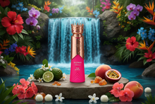 Luxury Sultana perfume bottle with crown cap, tropical fruits, and vibrant flowers by a waterfall.