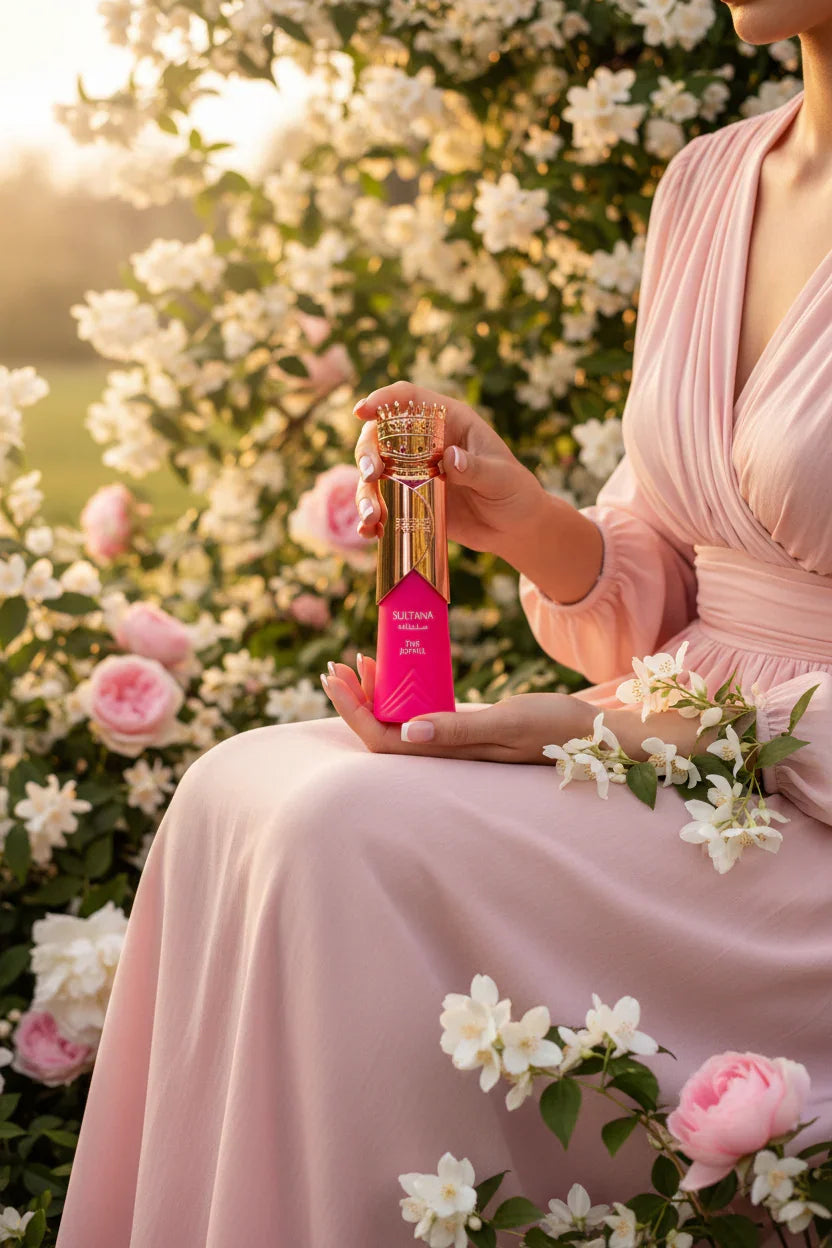 Woman in pink dress holding Sultana Arabian oud perfume bottle among blooming flowers outdoors