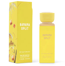 Banana Split Eau de Parfum by Gulf Orchid, 100ml yellow bottle and box with banana and caramel design