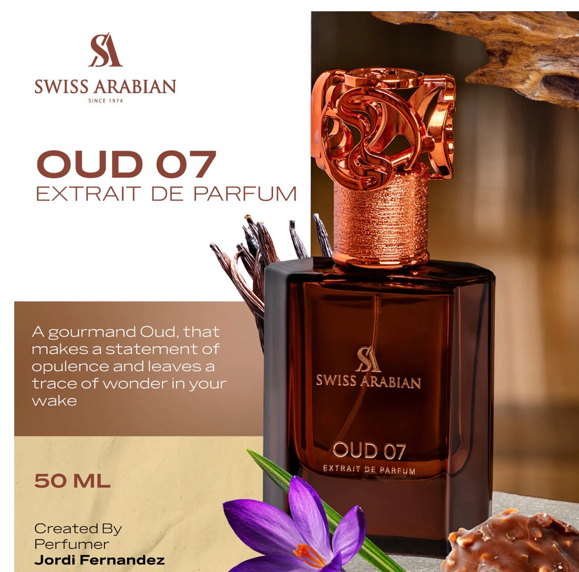 Swiss Arabian Oud 07 perfume bottle with packaging details on a beige background
